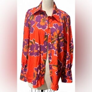 UUE Orange Purple Floral Print Button-Up Blouse Long Sleeve Women’s Size XL